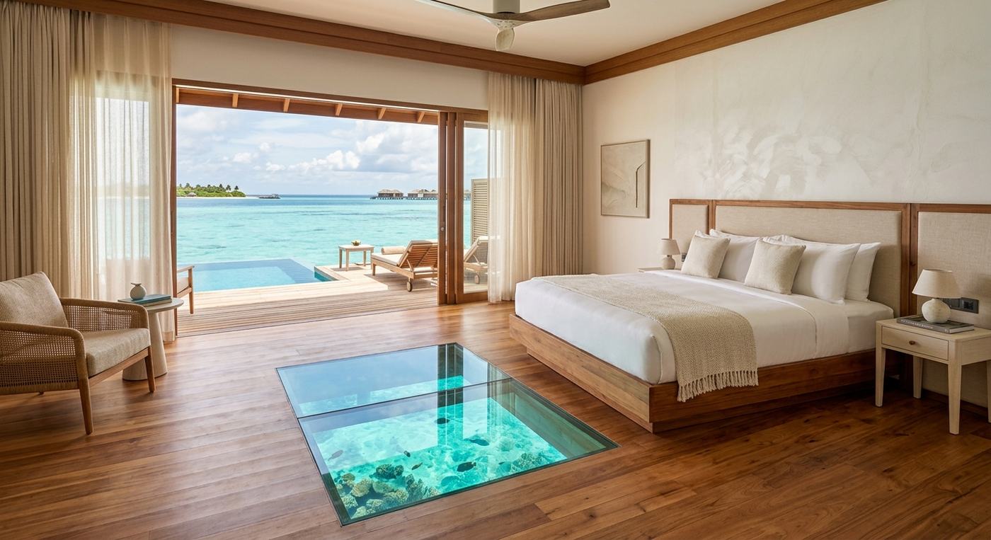 Overwater bungalow interior with private plunge pool, Maldives